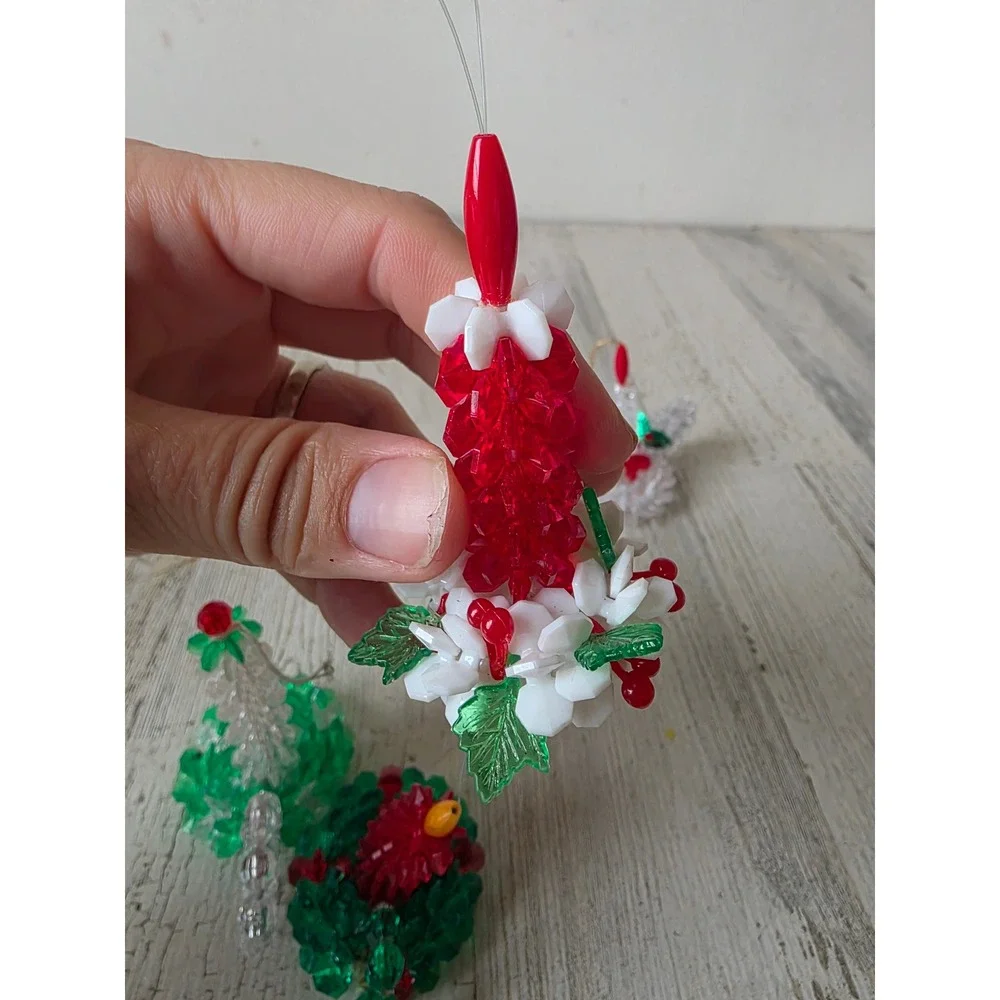 Vintage beaded candle ornament Red Green set Xmas tree